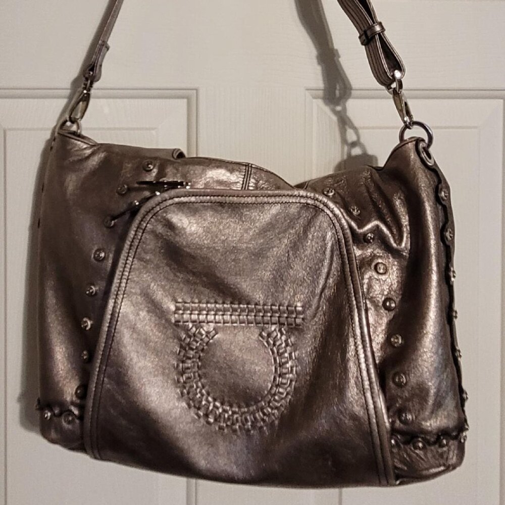 Salvatore Ferragamo-Metallic Leather UNIQUE Studded Hobo w/ Removable Strap - Picture 2 of 10